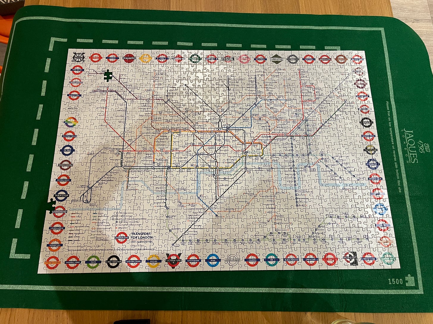 The finished Tube map jigsaw puzzle, missing one piece up near the top and one side piece
