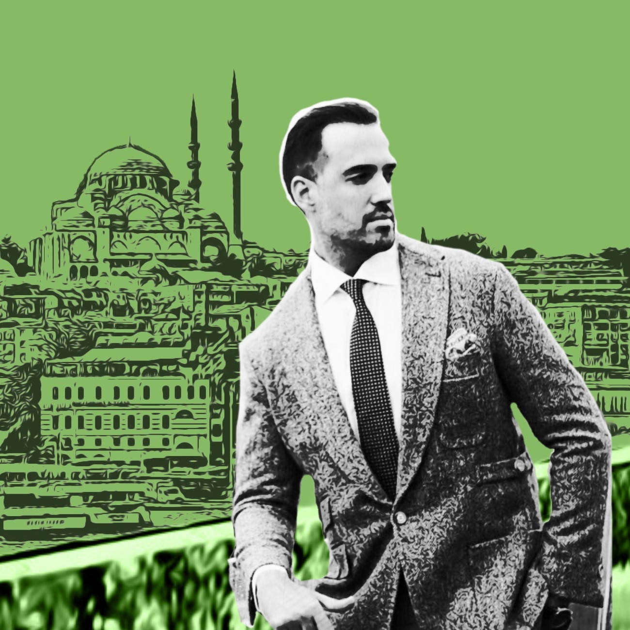 Arda Sayıner, in a photo illustration, standing outside in front of the Istanbul skyline.