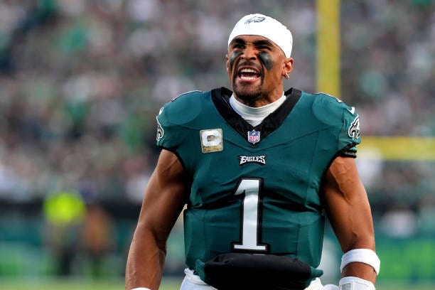 Jalen Hurts of the Philadelphia Eagles reacts prior to the game against the Dallas Cowboys at Lincoln Financial Field on November 05, 2023 in...