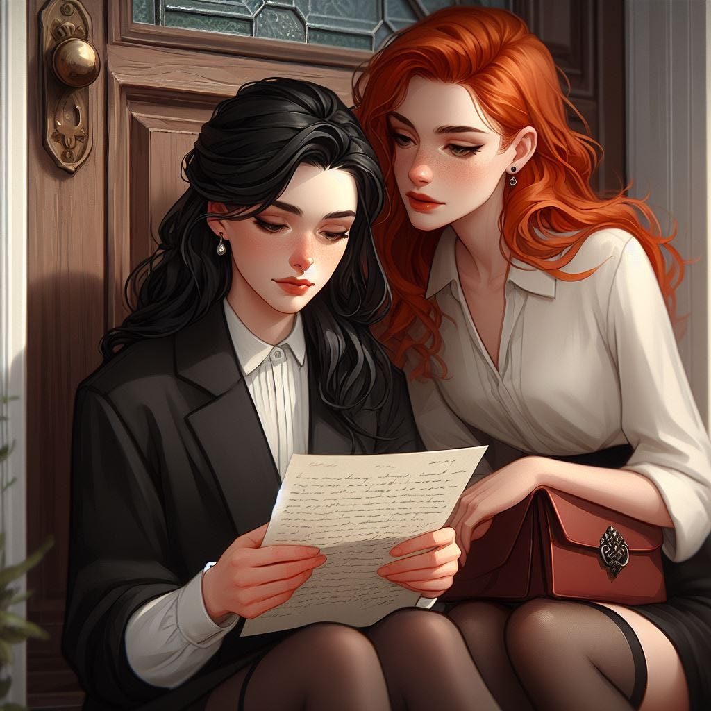 Two women reading letter. Image by Bing