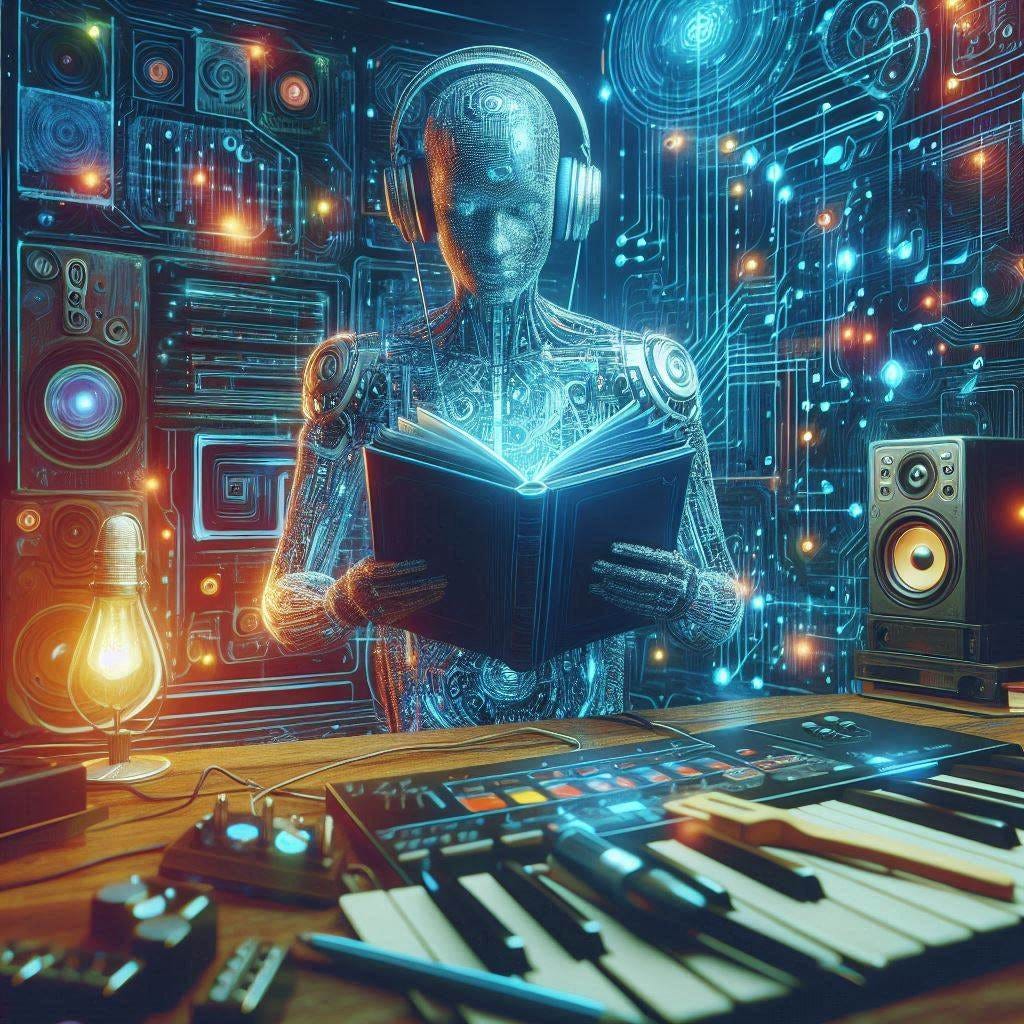 abstract ai in a recording studio with a book, cyberpunk drawing