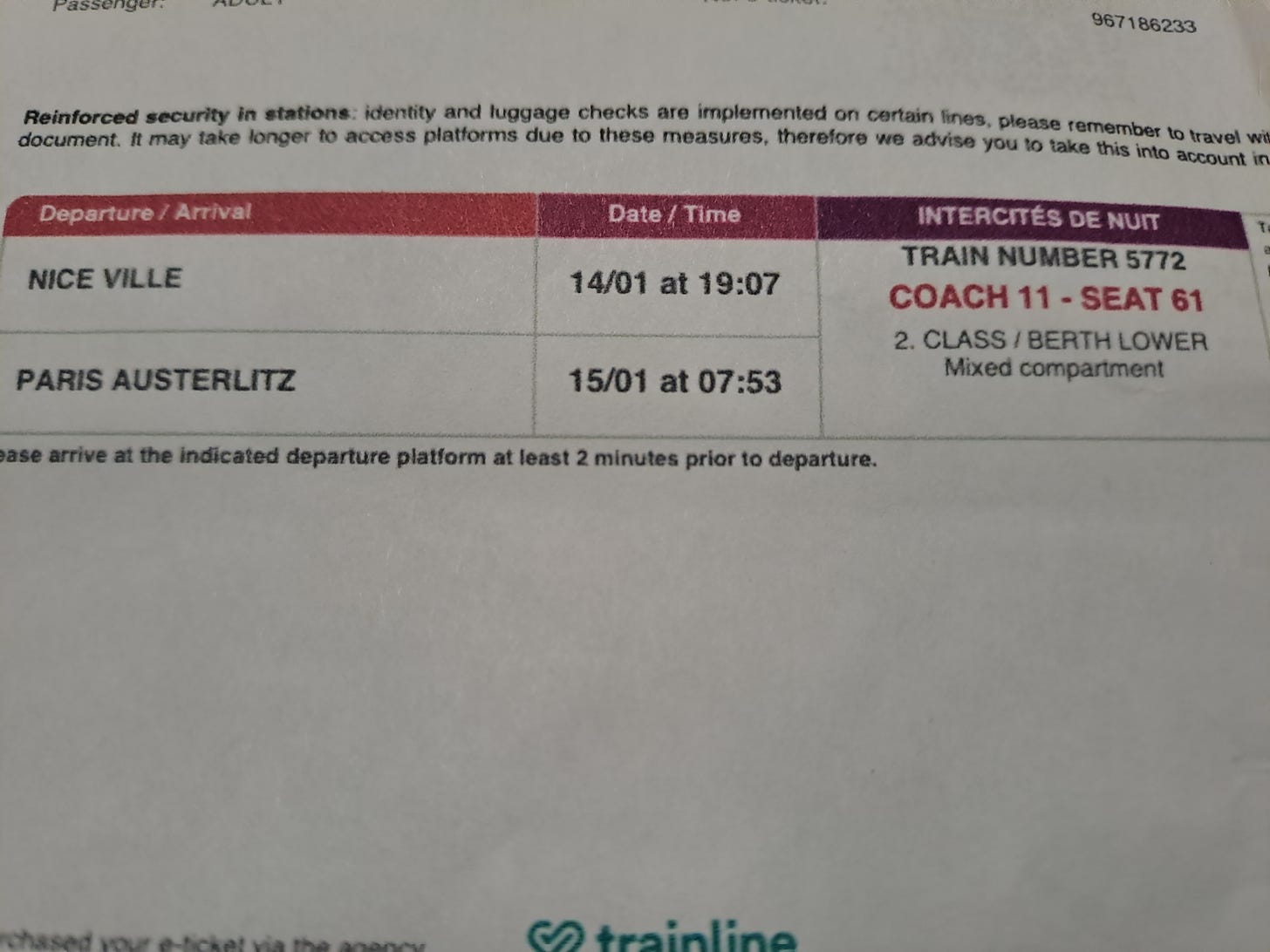 Nice to Paris train ticket