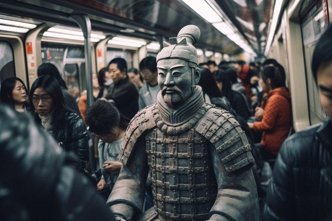 Prompt: ''A real terracotta warrior in the subway. Full shot photograph. --ar 3:2''

Inspired by the idea of u/stopwatchsparrow on reddit. 