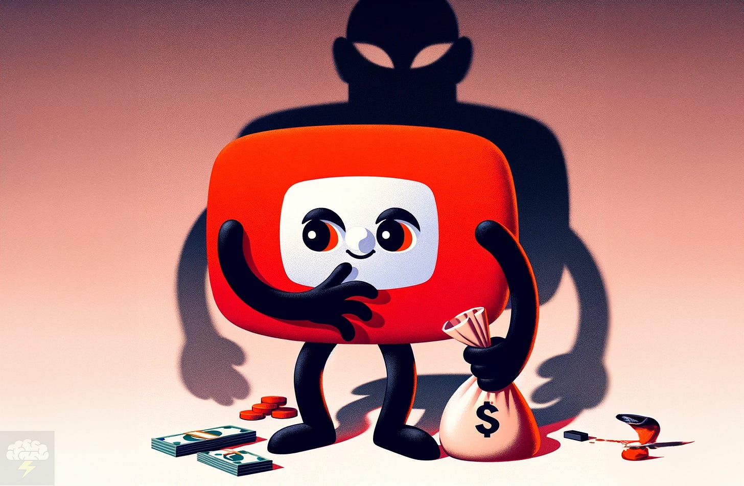 Illustration of the YouTube logo personified with eyes, arms, and legs, slyly hiding a bag of money behind its back. It has a mischievous grin, suggesting secretive behavior. In the shadowy background, a large ominous figure looms with a dollar sign, representing counterfeit accounts and the platform's issues with content authenticity and fair revenue distribution for artists.