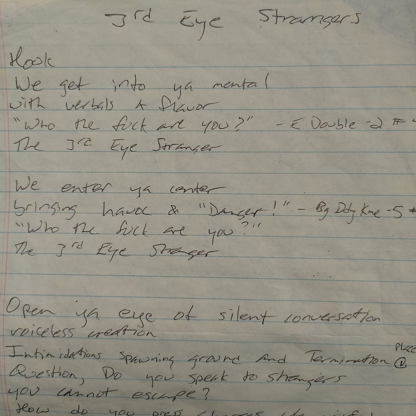 Written lyrics for the song "3rd Eye Stranger" on yellow legal pad