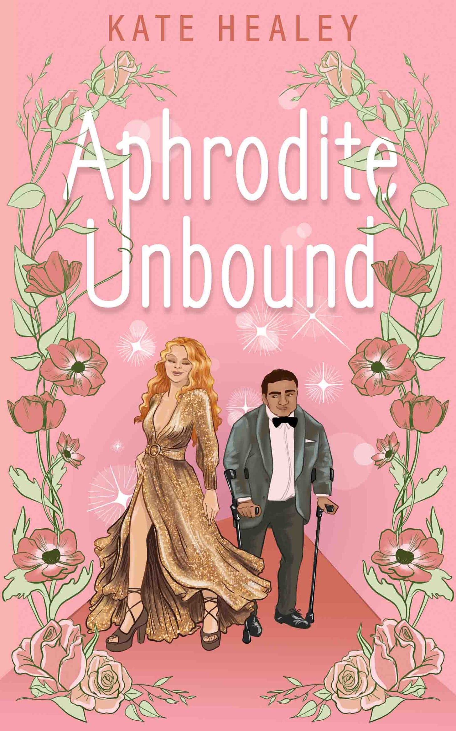 A very pink cover, where tall, beautiful Aphrodite stands next to shorter, dark-skinned Heph. She's in a gown; he's in a tux, and is using forearm crutches. They are framed in a floral border of roses and anemones.