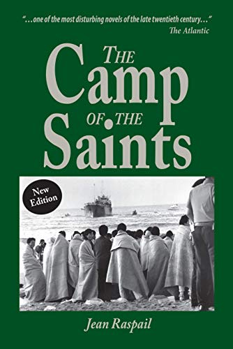 cover of The Camp of the Saints by Jean Raspail; cover image is of a bunch of immigrants in blankets standing on a shore