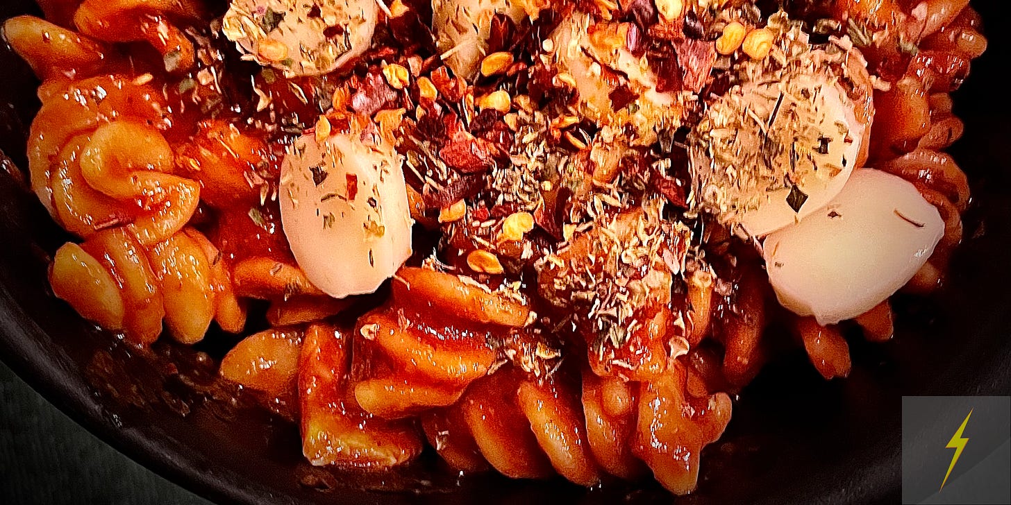 Oven-roasted AMP⚡️ baked tomato sauce with rotini pasta vegetables vegan homemade from scratch with herbs and garlic 