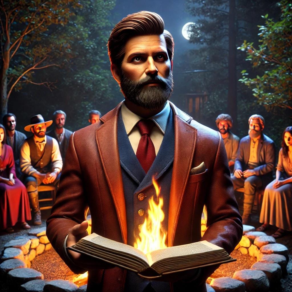 Jack Stallings, dressed in a sophisticated suit, stands by a campfire, holding an open book with flames emerging from its pages. He is surrounded by a group of people seated around the campfire, set against a backdrop of a serene night forest. The image symbolizes storytelling, inspiration, and the communal sharing of ideas.