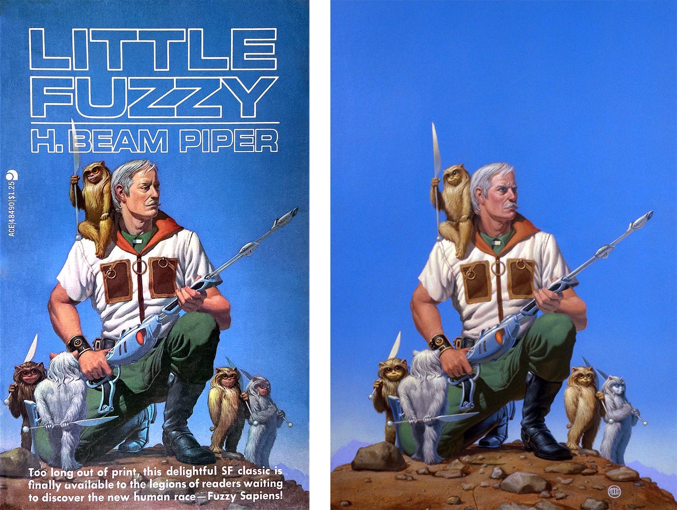 Book cover and illustration for LITTLE FUZZY by H. Beam Piper (ACE). A human with white hair and mustache kneels with a laser rifle in hand. A fuzzy creature with brown fur holding a spear perches on his shoulder. Two more pairs with white or brown fur flank him.