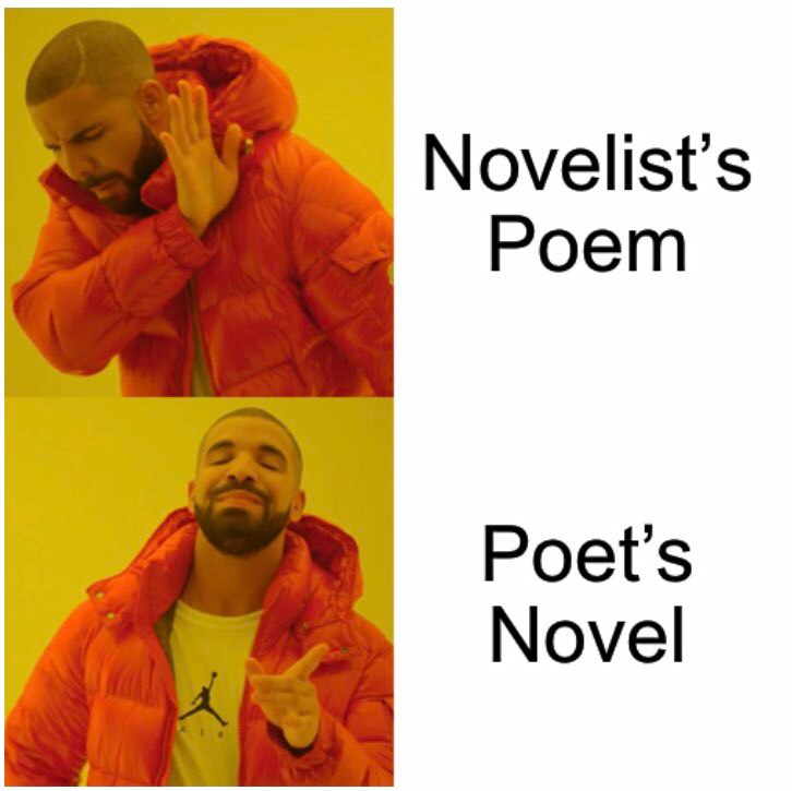 Two images of Kanye West: one seemingly rejecting the words 'Novelist's Poem', one endorsing the words 'Poet's Novel'