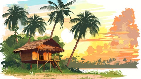 Clipart about a bahay kubo in the sunset with palm trees.