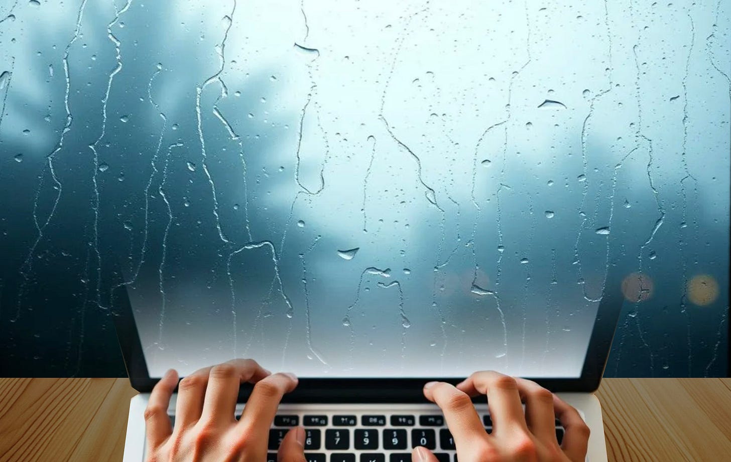 hands paused on keyboard with foggy rainy window