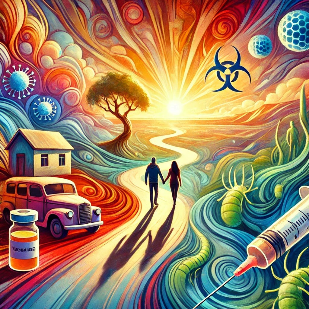 A vibrant and artistic image portraying a couple's journey through various paths in life. The scene features a couple walking hand in hand through a colorful landscape with winding roads, mountains, and a bright horizon. Artistic elements should include a symbolic representation of a home being sold, vaccine vials, and parasites subtly integrated into the environment. The image should be dynamic and visually engaging, emphasizing the themes of struggle, hope, and healing without using any text.