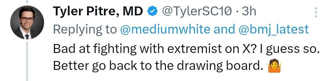 Tyler Pitre tweet, Bad at fighting with extremist on X? I guess so. Better go back to the drawing board.