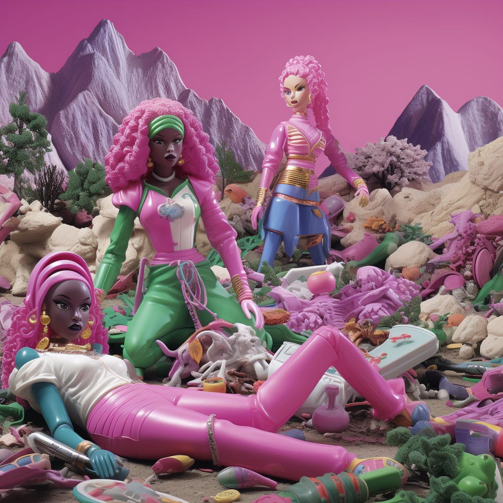 a valley scene of discarded multicultural dolls, in a Y2K cartoon style in pink purple and emerald green tones