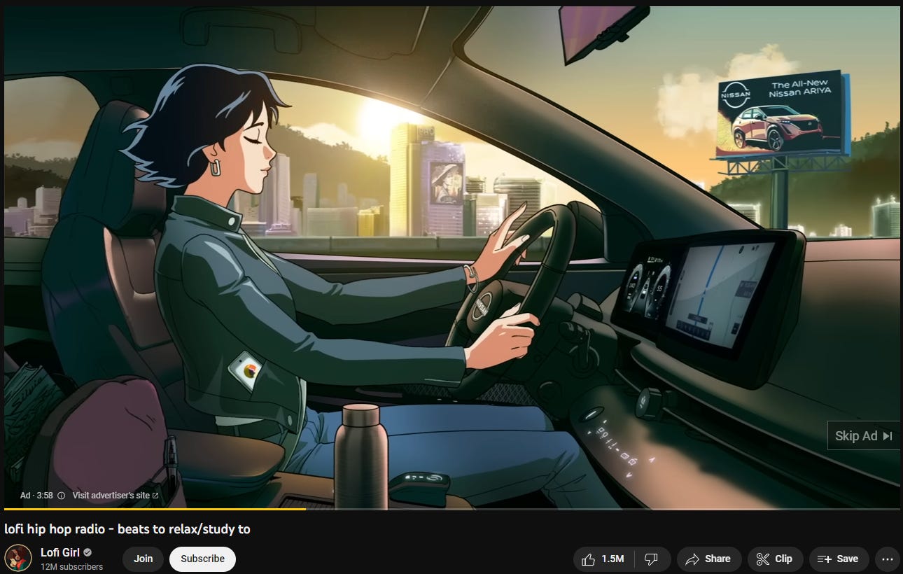 Can we talk about Nissans Ad for Lofi Girl's YouTube channel. Which is a  5-min straight up study beat. Now this is a great ad. : r/LofiGirl