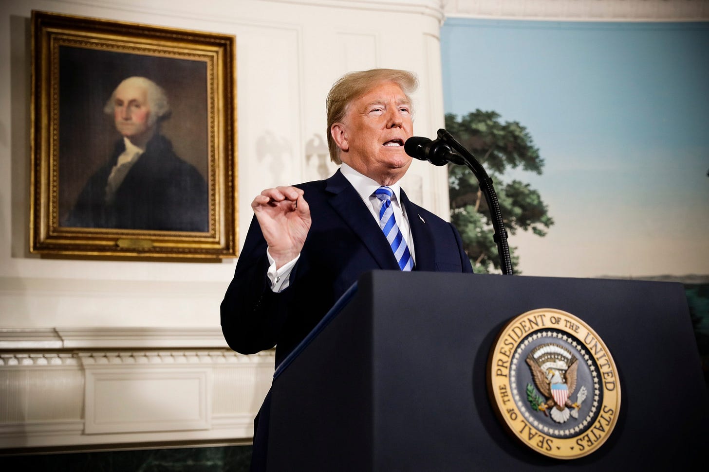 President Trump delivers a statement on the Iran nuclear deal from the Diplomatic Reception Room of the White House, on May 8, 2018. President Trump delivers a statement on the Iran nuclear deal from the Diplomatic Reception Room of the White House, on May 8, 2018.