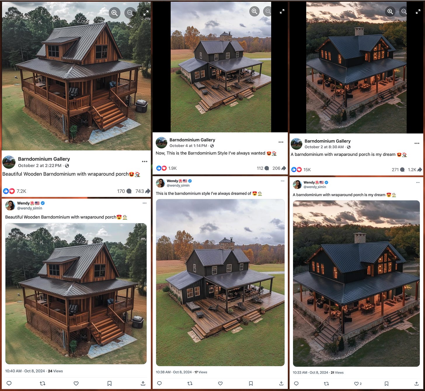 screenshots of the @wendy_simin posts containing AI-generated images of houses, and screenshots of the same images with similar or identical captions on the "Barndominium Gallery" Facebook page