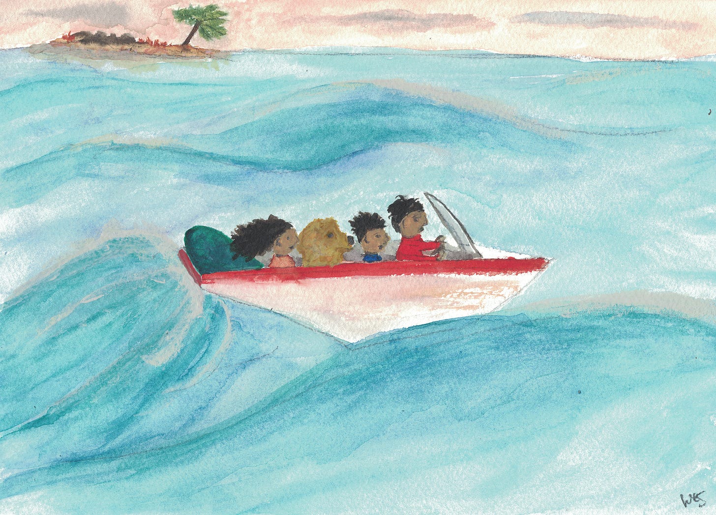 Three kids and a dog in a bay boat