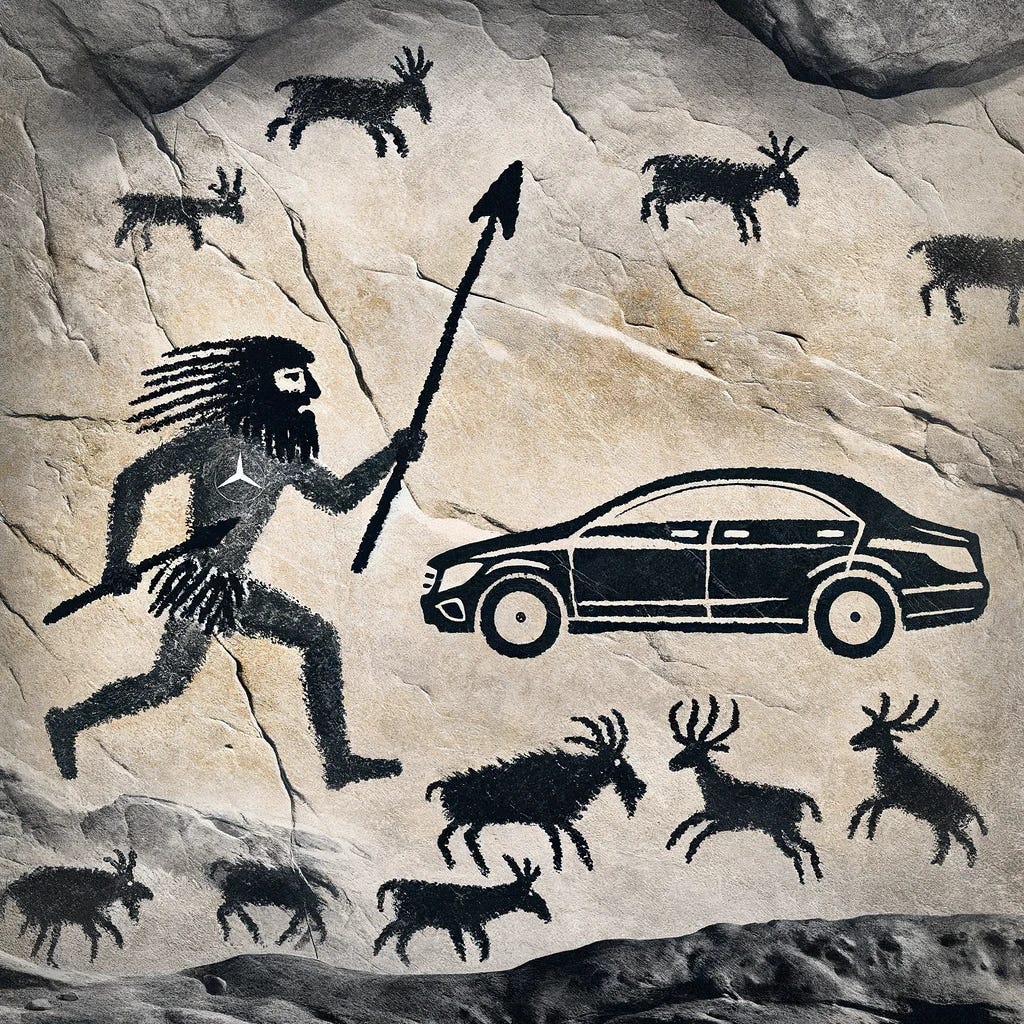 A scene depicted in the style of ancient cave paintings, showcasing a primitive human figure with a spear in pursuit of a stylized, simplistic representation of a Mercedes-Benz car. The artwork should embody the characteristic features of prehistoric cave art, including rudimentary and monochromatic figures, resembling those found in famous sites like Lascaux or Chauvet Cave. The human figure should appear in a dynamic pose, suggestive of movement and hunting, while the car is rendered in a simplistic, almost symbolic form, consistent with the artistic limitations of early human civilizations.