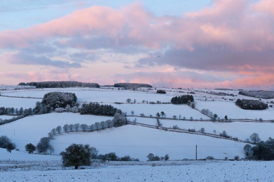 Snow covering the land of the Mynydd Epynt range