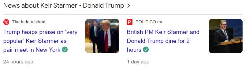 A Top Stories box featuring Keir Starmer and DOnald Trump with title tags altered by US and UK readers