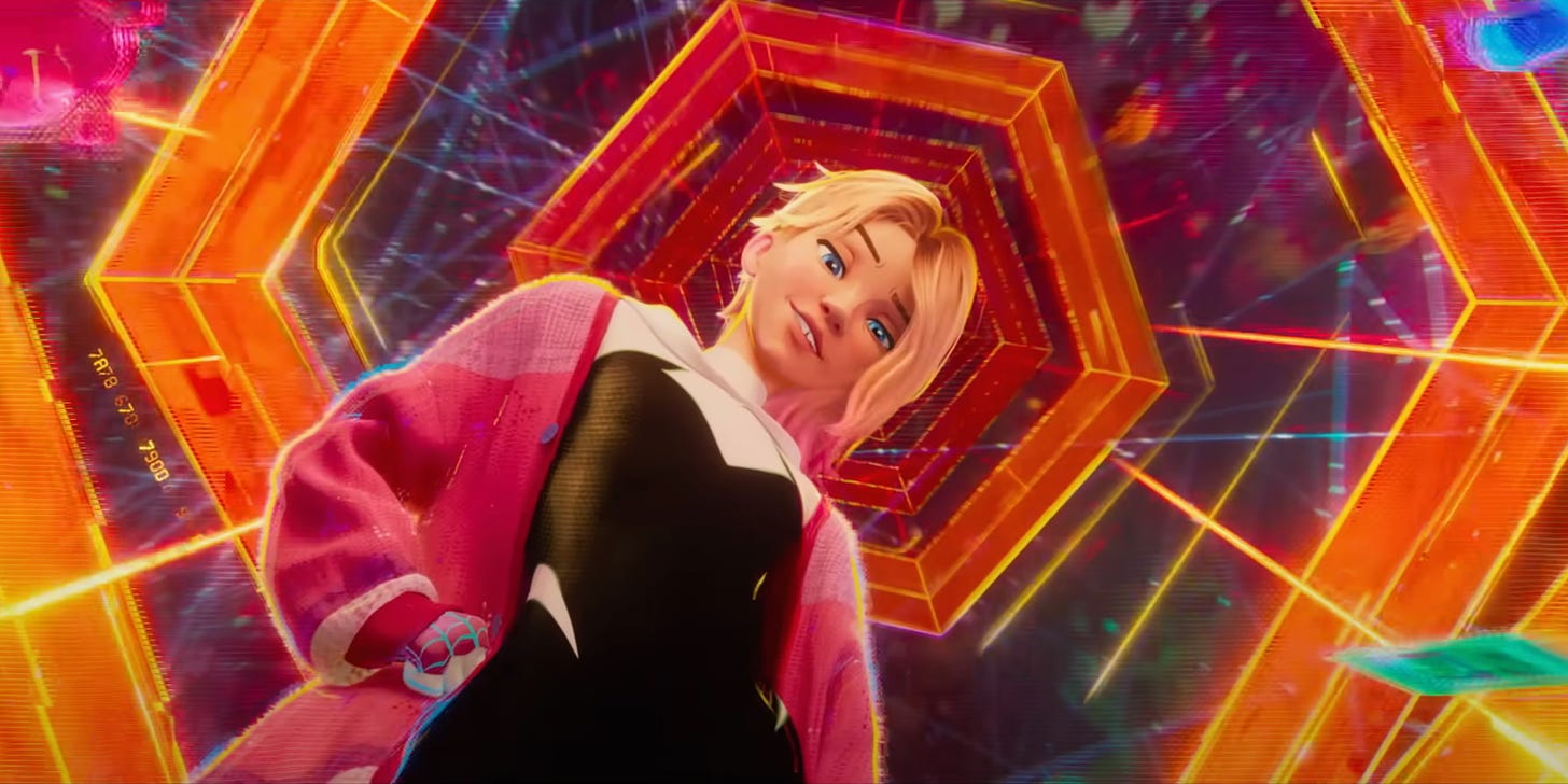 Gwen Stacy, wearing a pink jumper, is standing in front of an inter-dimensional portal, in SPIDER-MAN: ACROSS THE SPIDER-VERSE.