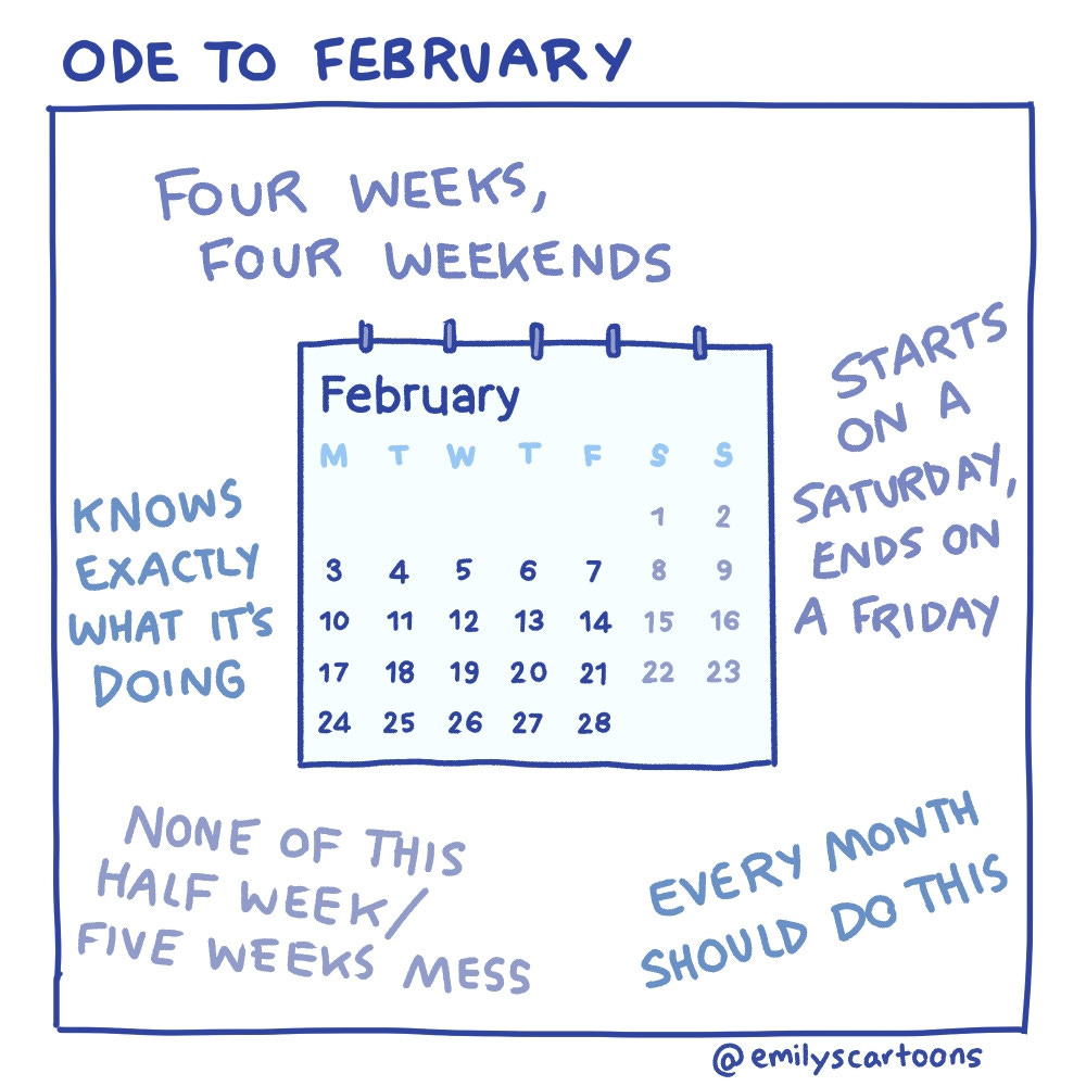 ODE TO FEBRUARY 
Four weeks, four weekends
Starts on a Saturday, ends on a Friday
Knows exactly what it's doing
None of this half week/five weeks mess
Every month should do this