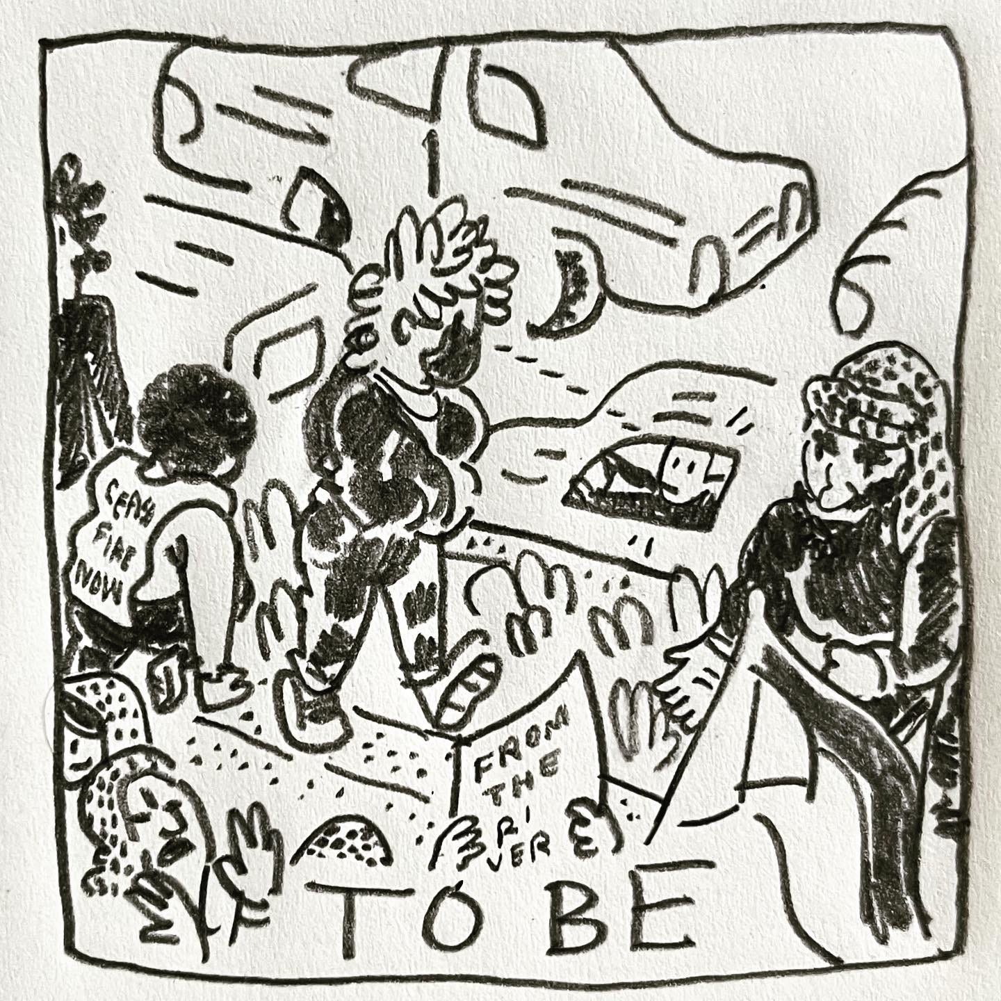Panel 4: to be Image: a view from above. Looking down, we see people chanting, wearing keffiyehs and holding signs reading “CEASE FIRE NOW” and “FROM THE RIVER TO THE SEA”. Lark is looking down over the concrete barrier at cars driving past on the other side of the street. They make eye contact with someone in the driver seat of a passing car.