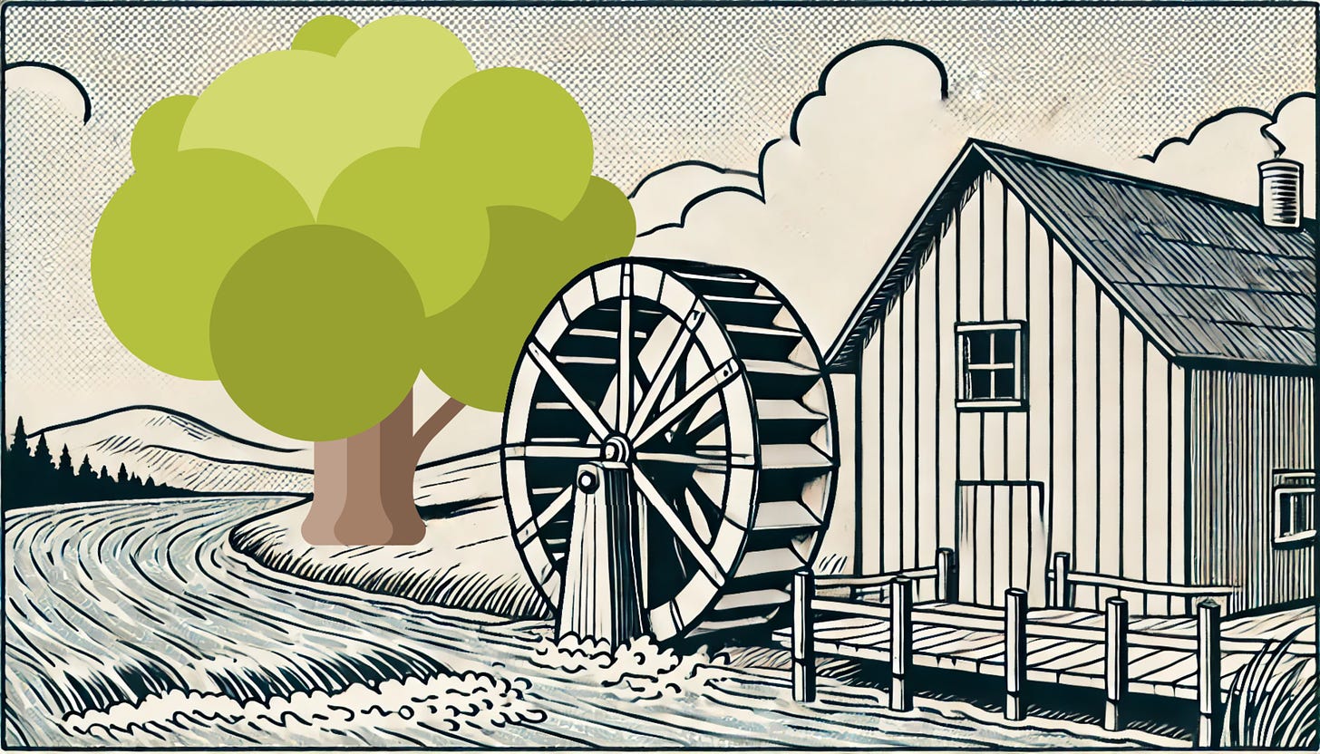 A comic-style illustration of a farmhouse by a flowing river, with a large water wheel turning in the river. An Oregon white oak tree, stylized to resemble the blog’s oak-tree logo, is partially tucked behind the water wheel, adding a playful, dreamlike touch. The scene is peaceful and minimalist, with the river curving through the landscape, and the house sitting calmly by the water’s edge.