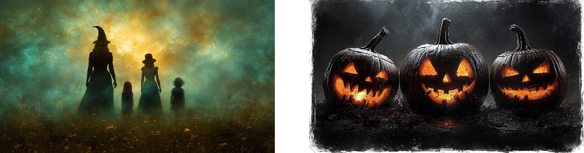 A split image: on the left, silhouetted figures of a woman in a pointed witch’s hat and three children stand in a misty, glowing field under a mystical sky with swirling green and yellow hues, creating an ethereal, magical atmosphere. On the right, three carved jack-o'-lanterns with various spooky expressions glow warmly against a dark, textured background, emphasizing a classic Halloween feel. Together, the images capture the themes of mystery, magic, and Halloween traditions.