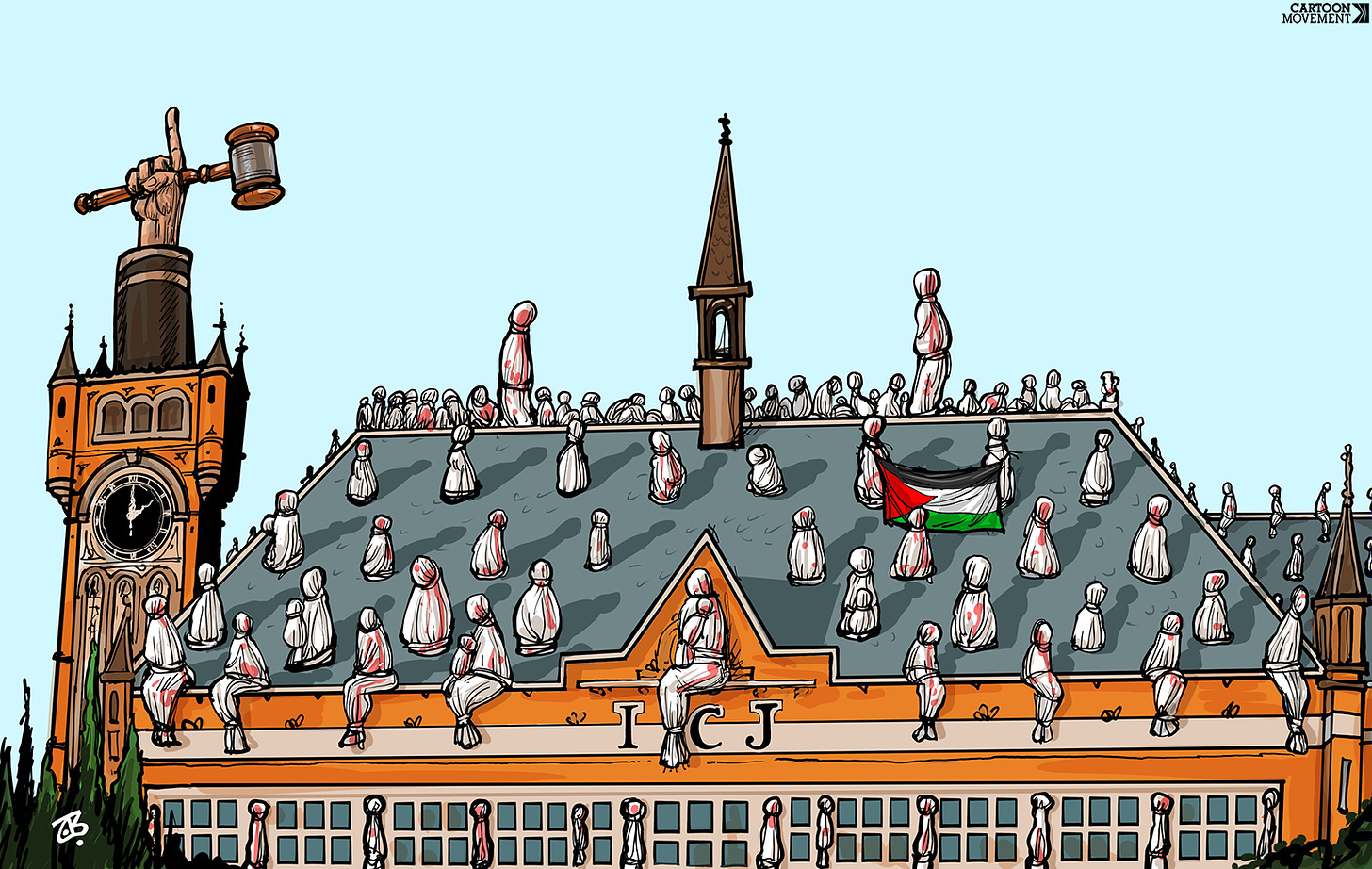 Cartoon showing the roof of the Peace Palace in The Hague, filled with the shrouded corpses of the violence in Gaza.