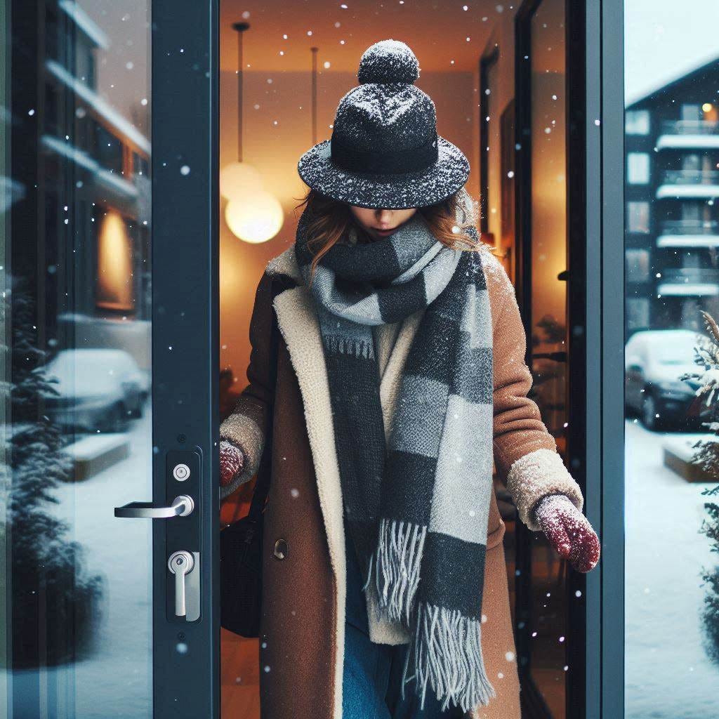 Amy Leaving Her Apartment without showing her face: A young woman named Amy, dressed in a stylish winter coat, hat, and scarf, stepping out of a cozy, modern apartment building in Zurich. Snowflakes are gently falling around her, and she has a determined yet content expression, ready to embark on her walk through the winter wonderland of the city. Her face is not visible.