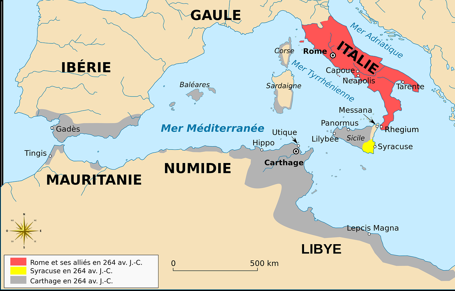 Territoires romain, syracusain et carthaginois en 264 av. J.-C. à la veille de la première guerre punique (par Augusta 89. Licence CC BY 3.0)