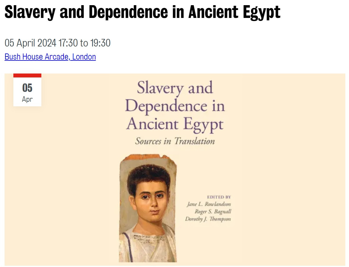 Event advert showing cover of book with co-editors Jane L Rowlandson, Roger S Bagnall and Dorothy J Thompson and an Egyptian funerary painting of a youth.