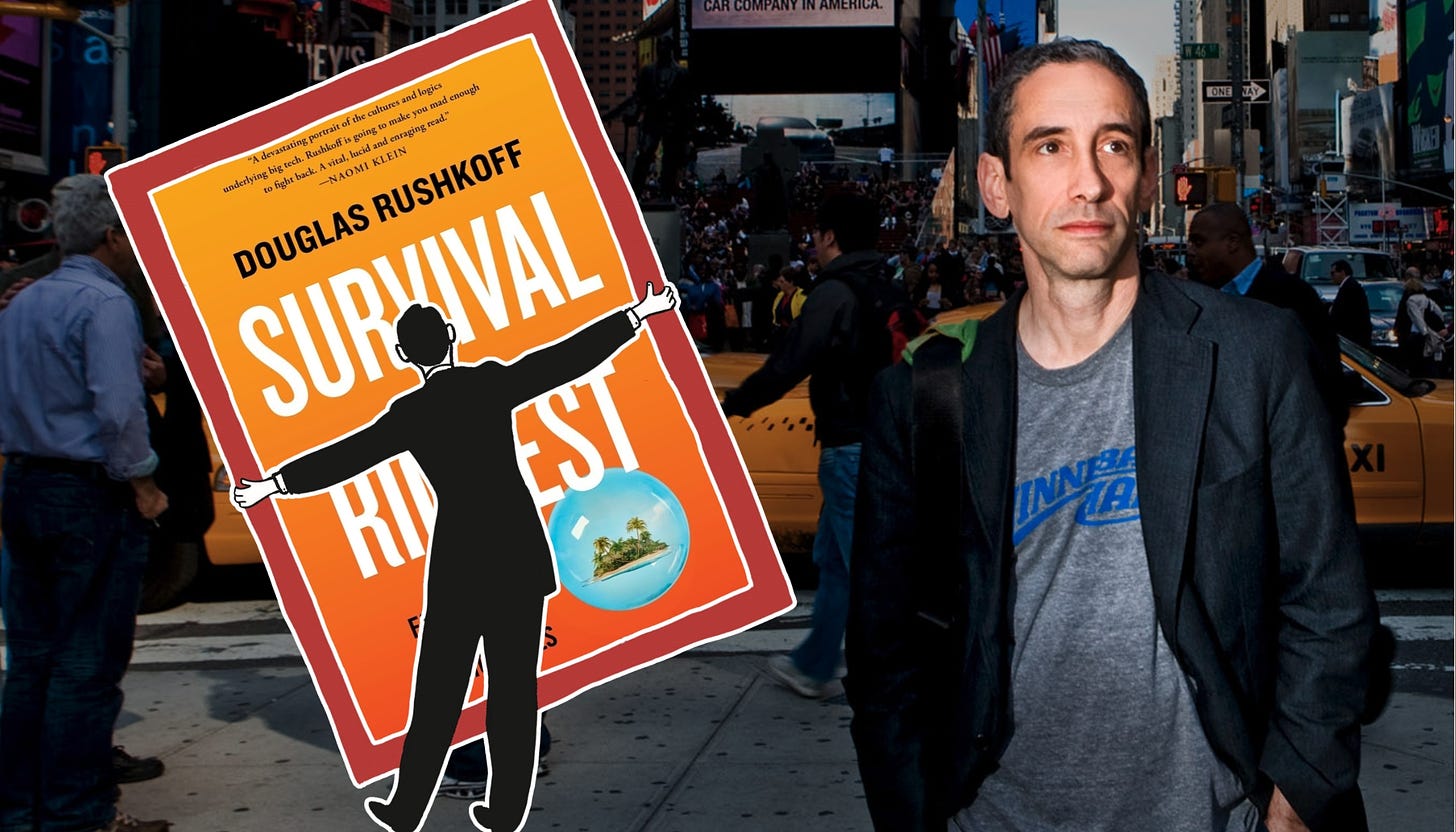 A profile photo of Douglas Rushkoff and the cover of 'Survival of the Richest'