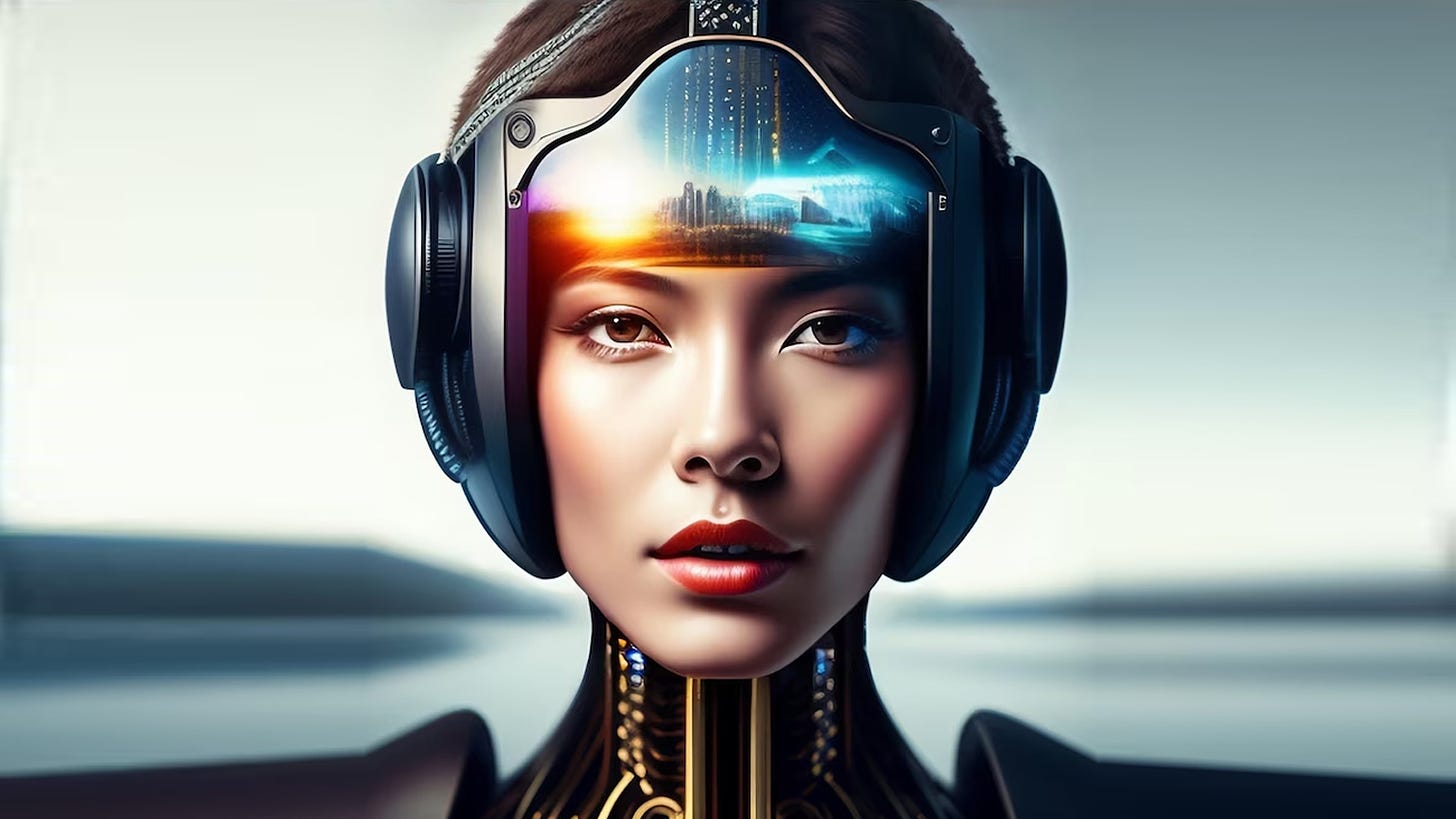 Avatar de uma mulher com um capacete com viseira colorida suspensa gerado por AI