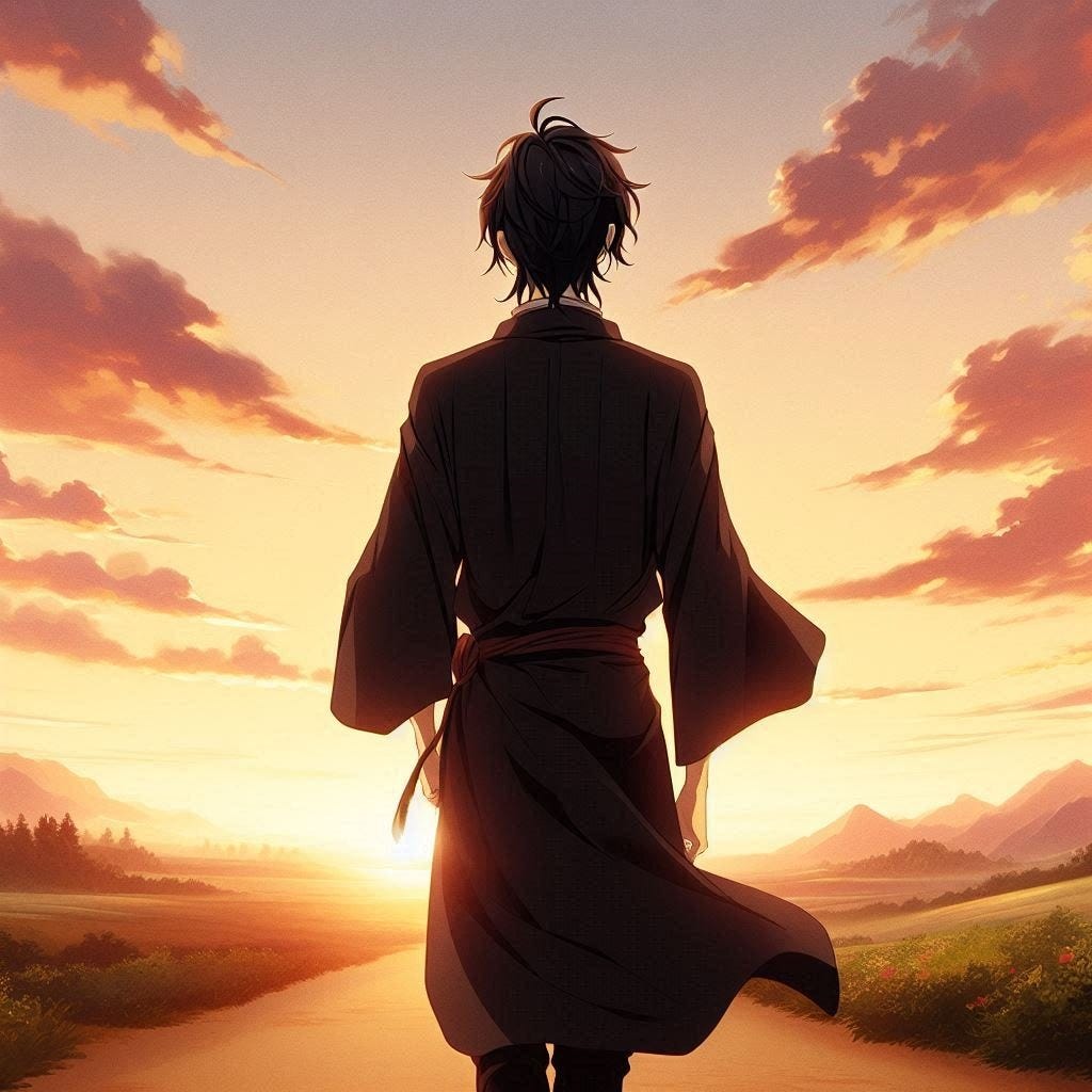 In anime style, generate a young man with dark hair, wearing a black robe, walking away from the viewer, into a sunset horizon.