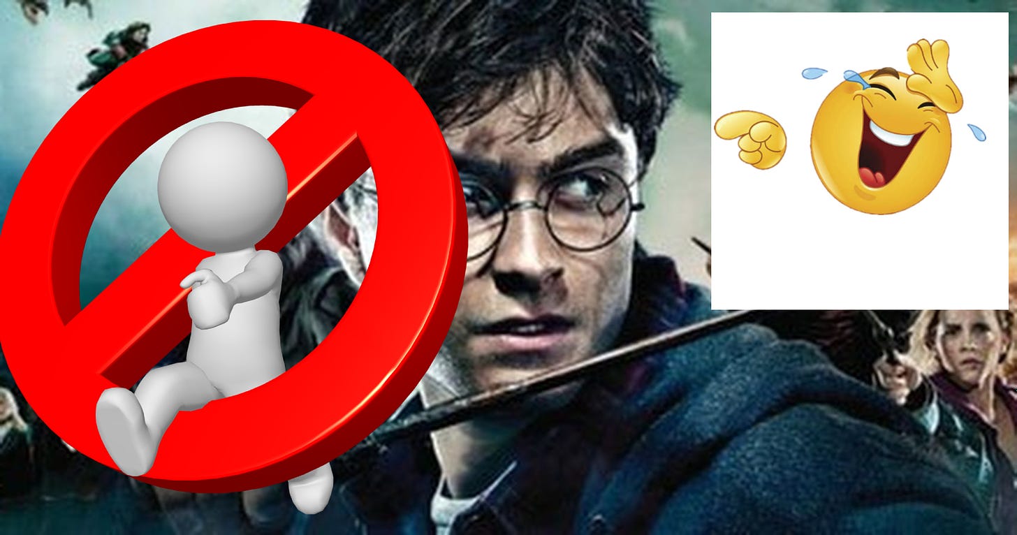 Picture of harry potter from one of the movie advertisements.  It is overlayed with a laughing emoji clipart that isn't a transparent image on the right, and another clipart image of a guy walking through a crossed stop sign on the left.  The image quality is somewhat poor.  Hermonie can be seen below the emoji, and another figure can be seen flying in the top left corner.  Harry Potter himself hsa dark hair and a serious expression, with circular glasses and is holding a wand horizontally.