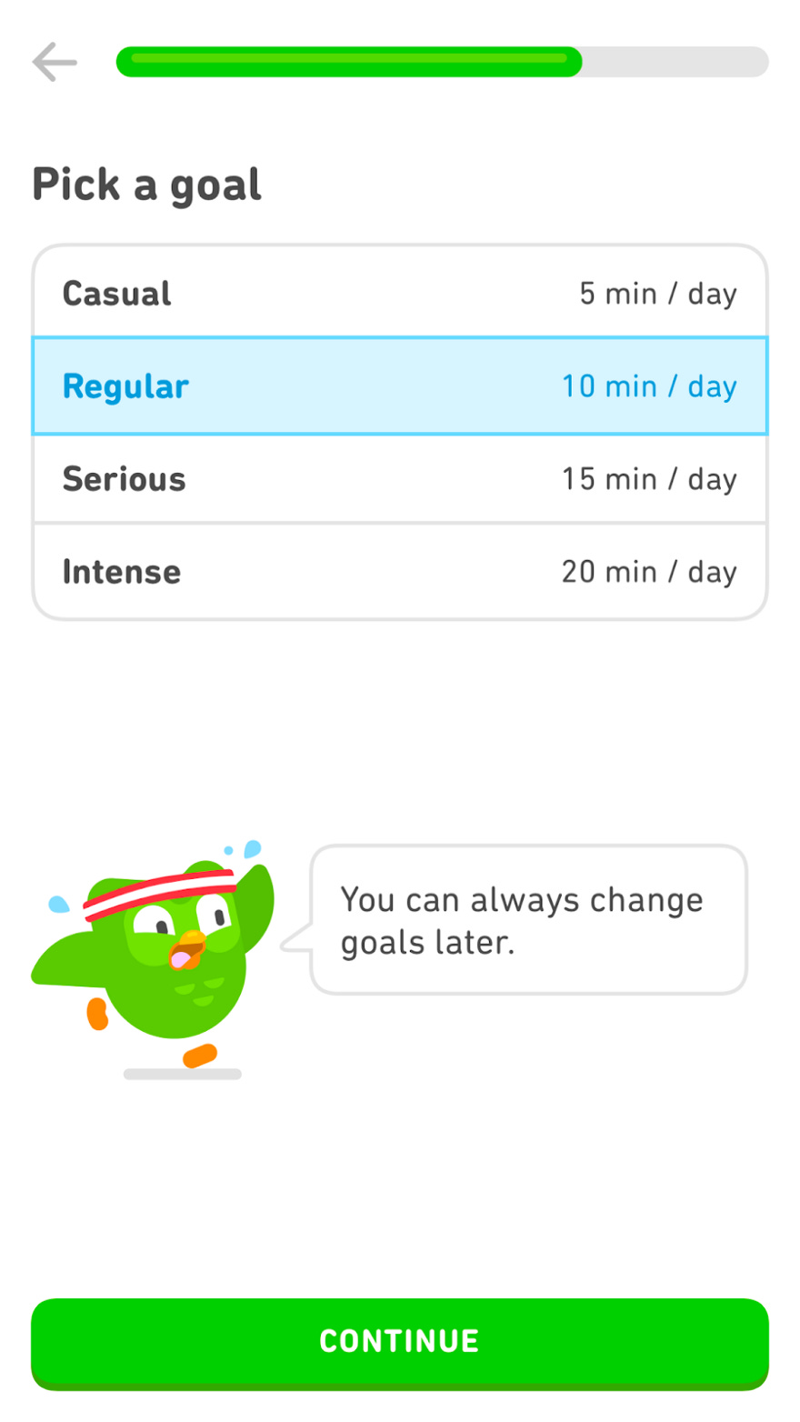 Duolingo’s targeted ‘practice duration per day’ screenshot.