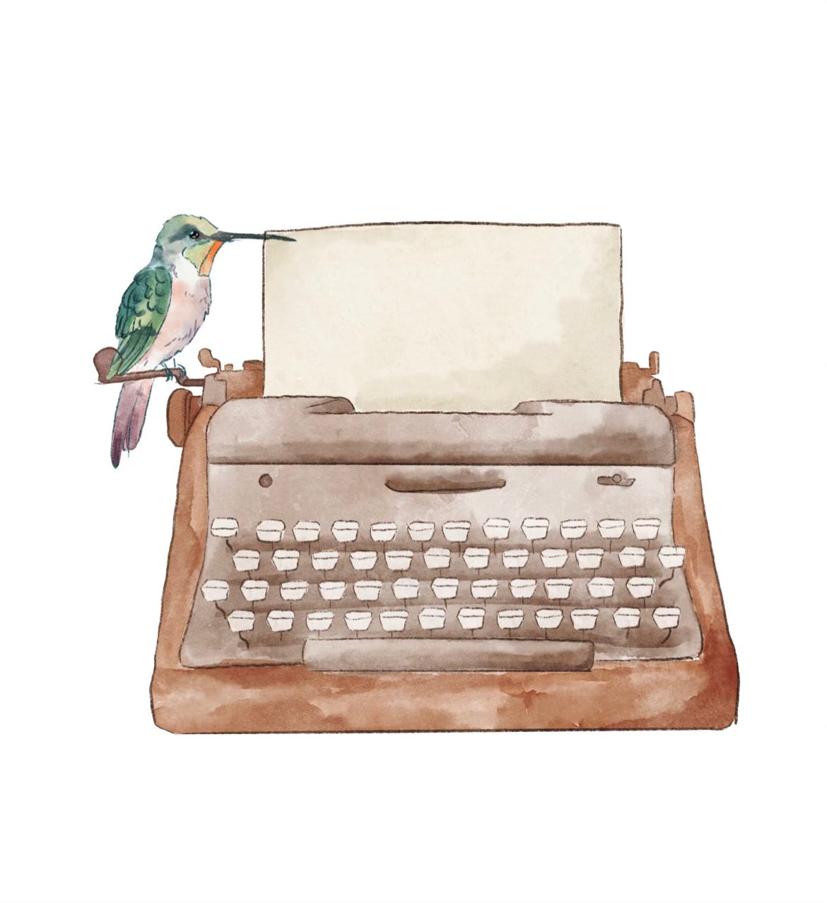 watercolor of a hummingbird sitting on a typewriter