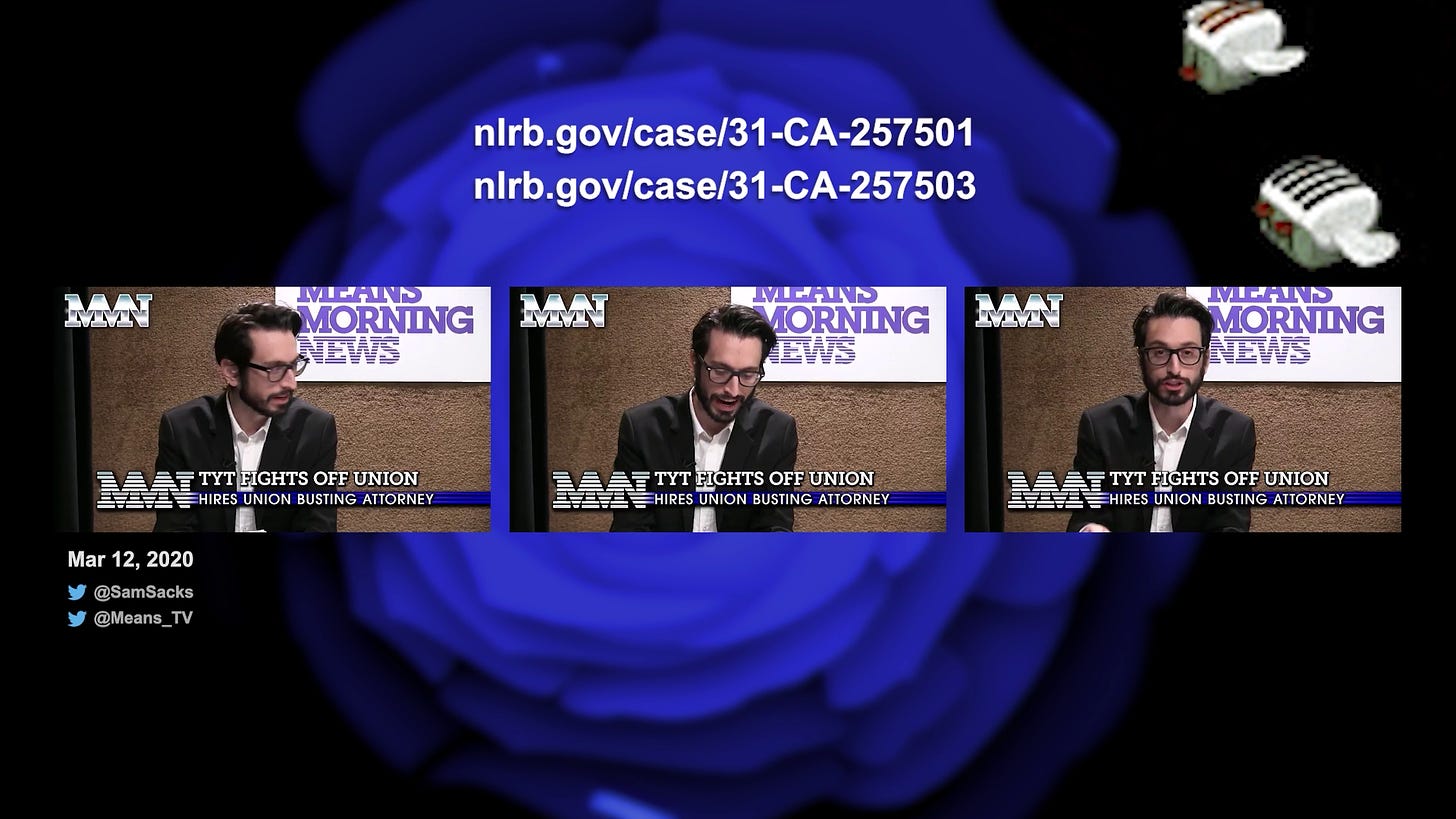 Two URLs and three stills from Means Morning News with Sam Sack atop a blue background reporting on TYT's NLRB cases