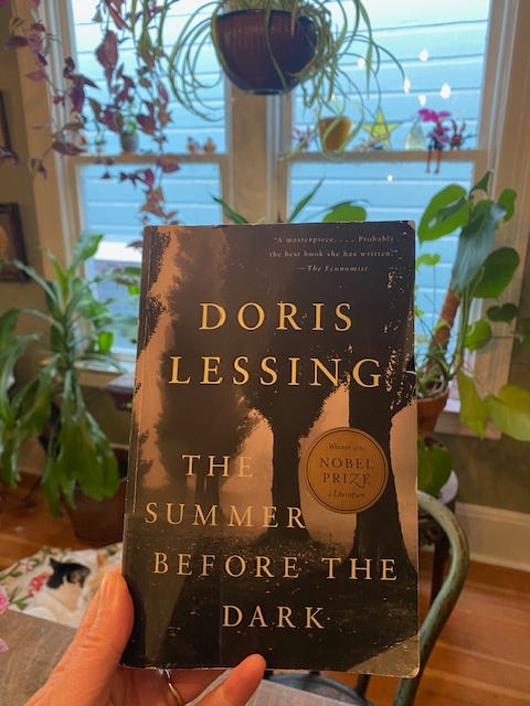 Hand holds paperback of The Summer Before the Dark by Doris Lessing in front of a window filled with houseplants. On the floor in the background, two cats snuggle each other.