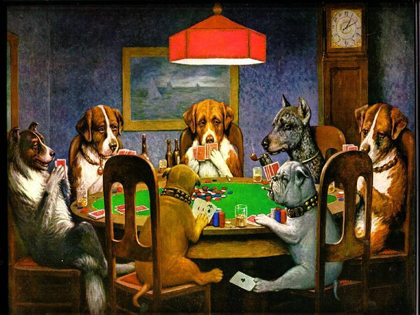 Six dogs sitting around a table playing poker