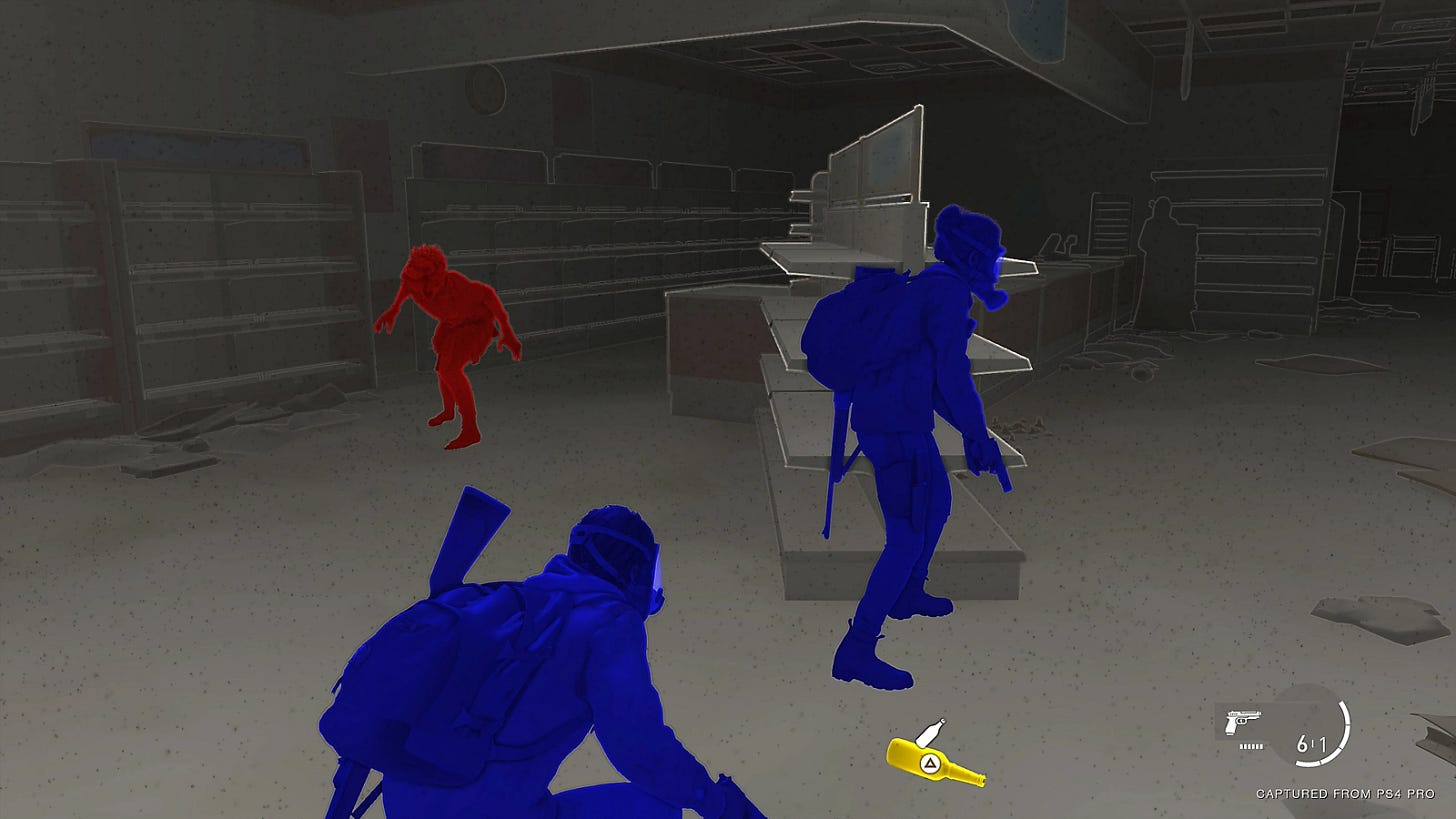 Video game screenshot of two human characters sneaking past a zombie-like enemy in a store. The scenery is all gray. The friendly characters are blue. The enemy is red. And an item (a bottle) nearby is yellow.