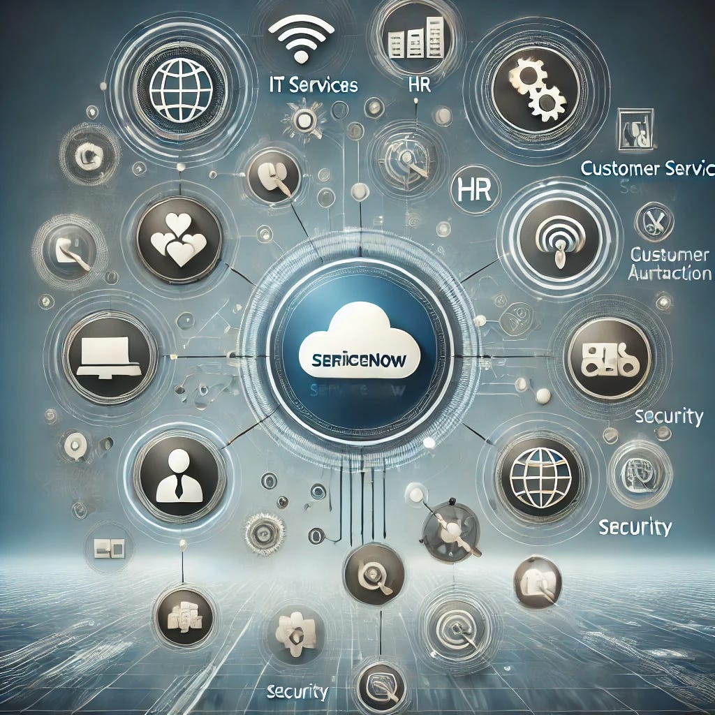 A modern, sleek illustration representing ServiceNow's impact on business operations. The image includes icons for IT services, customer service, HR, security, and workflow automation, all connected to a central cloud platform symbolizing ServiceNow. Each icon is surrounded by subtle digital effects, symbolizing automation and data flow. The background is a gradient of blue and gray tones, giving a professional, tech-driven look suitable for an article on ServiceNow’s transformative role in business.