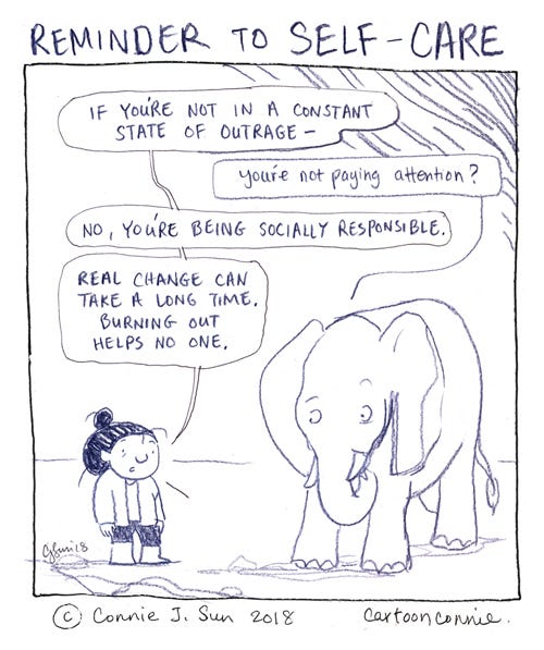 cartoon about activism and self-care, outrage culture, sketchbook comic, drawing, connie sun, cartoonconnie