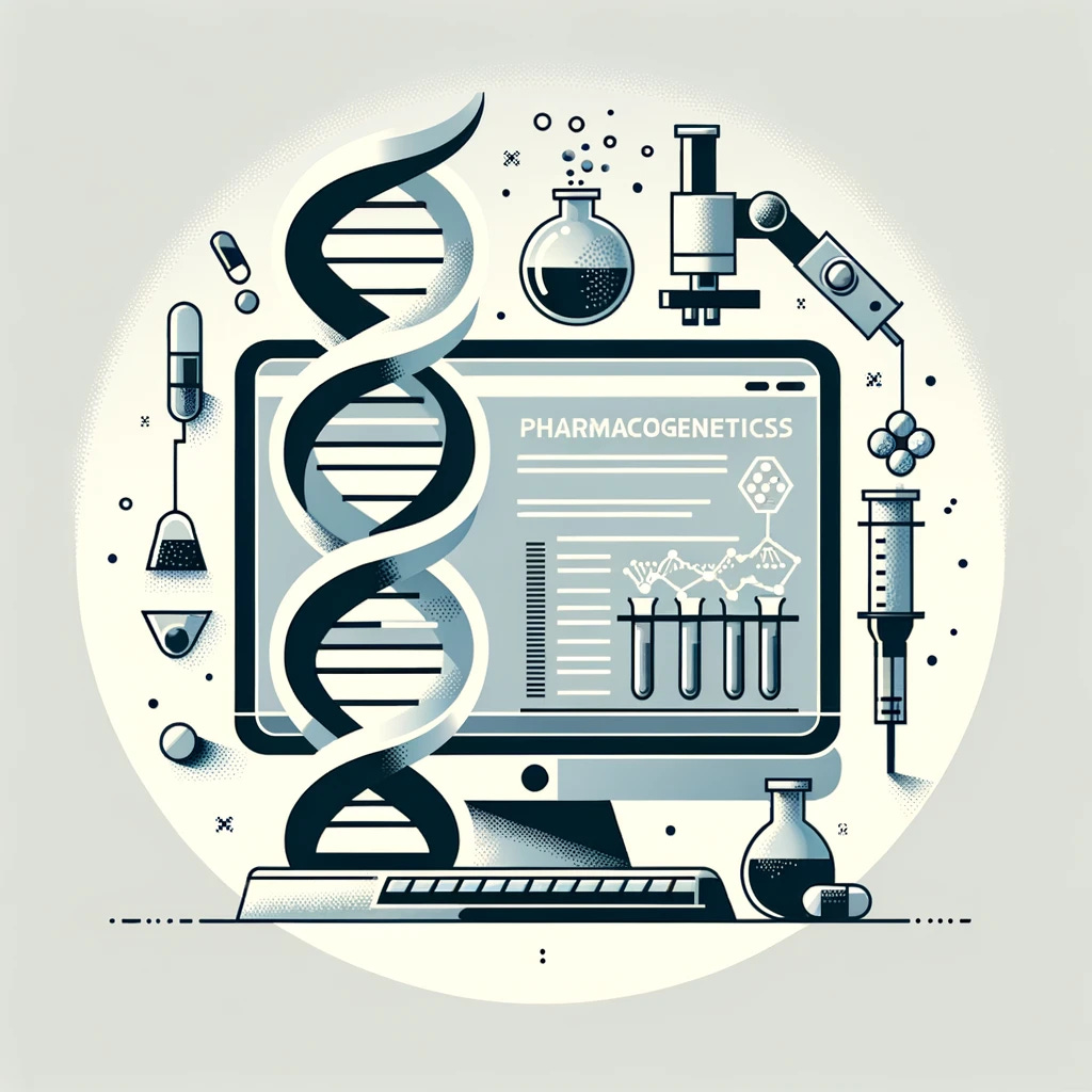 A minimalistic design illustration of pharmacogenetics, featuring a simple and clean representation. The image includes a stylized DNA helix, a computer screen displaying genetic data, and essential laboratory elements like a microscope and test tubes, all depicted in a sleek, modern style with a limited color palette. The overall design is elegant and straightforward, focusing on the essence of pharmacogenetics without unnecessary details.