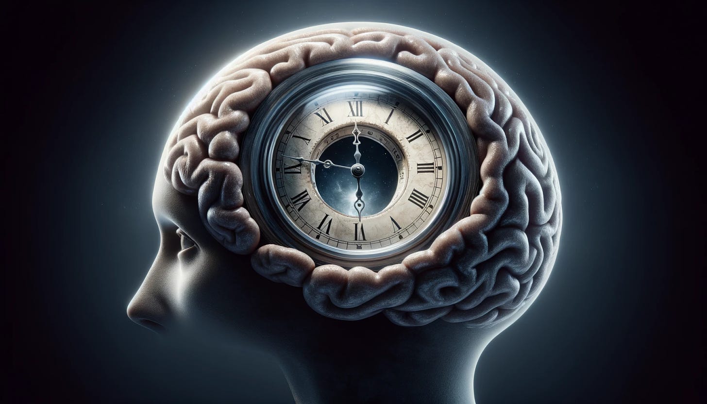 An infinite loop of a ticking clock inside a brain. The image should show a human brain with a transparent section where a clock is visible inside, continuously ticking. The clock should be old-fashioned, with a classic round face and Roman numerals. The background is dark, emphasizing the brain and the clock, and giving a sense of endlessness. The overall atmosphere should be surreal and thought-provoking.